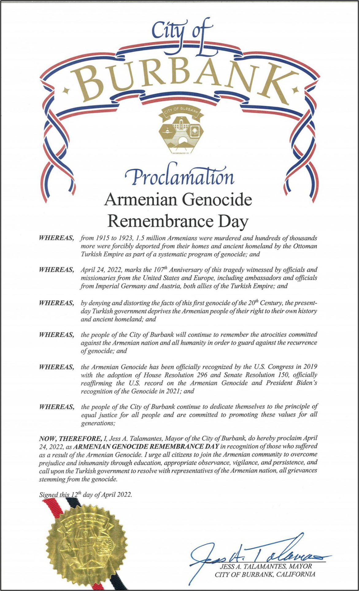 City of Burbank Issues Armenian Genocide Proclamation