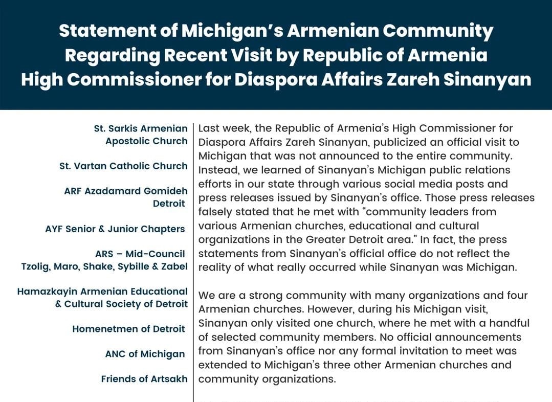Statements of Michigan’s Armenian community regarding the recent visit by RA High Commissioner for Diaspora Zareh Sinanyan