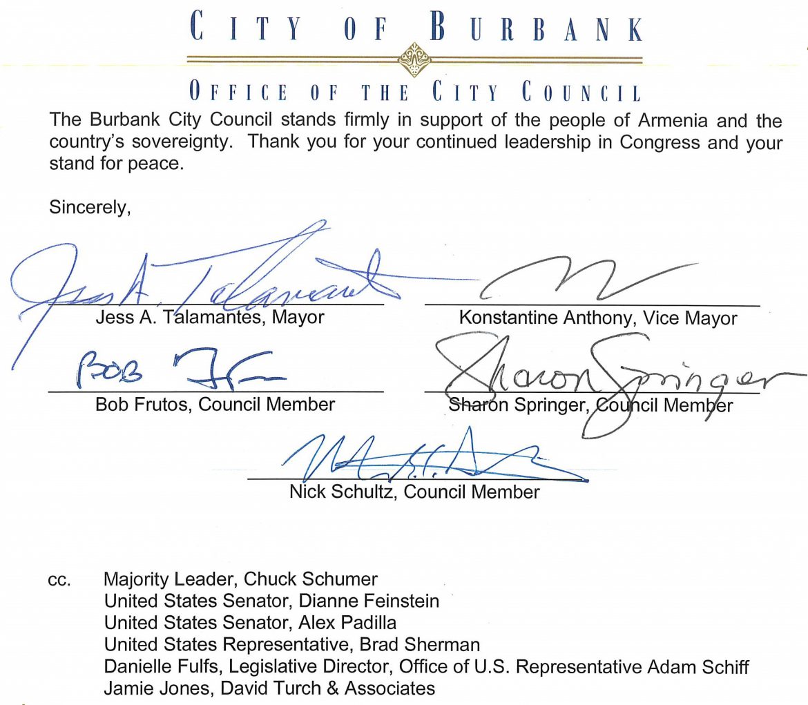 Letter from Burbank City Council to House Speaker Nancy Pelosi in Support of HR 1351 and Condemning Azerbaijani Attacks on Armenia and Artsakh