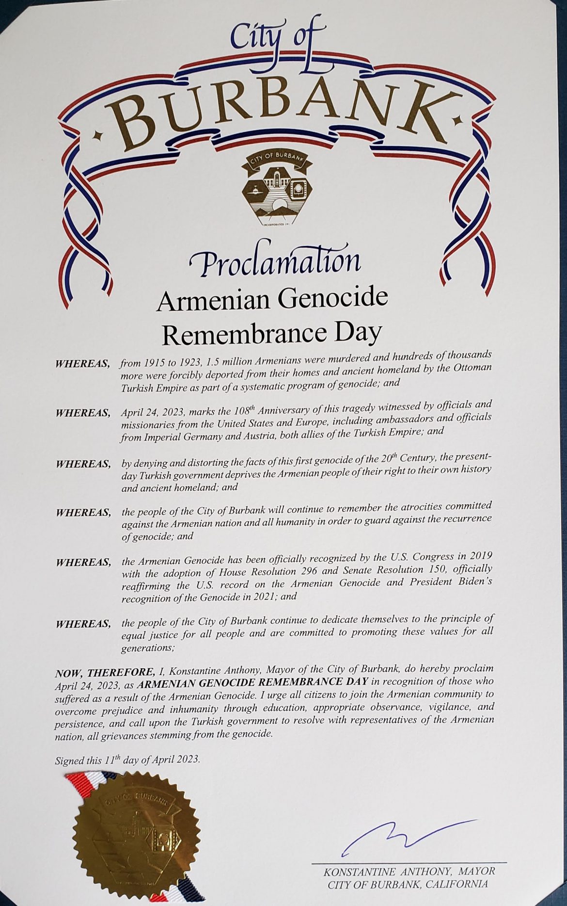 City of Burbank Issues Armenian Genocide Proclamation