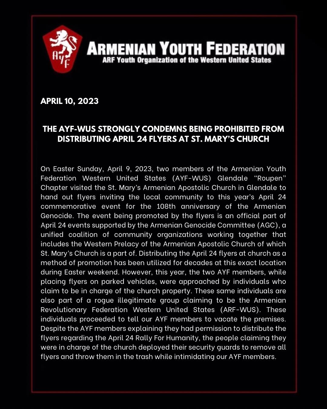 Fake “ARF” Syndicate Disrupts AYF from Passing April 24 Flyers on Easter Sunday